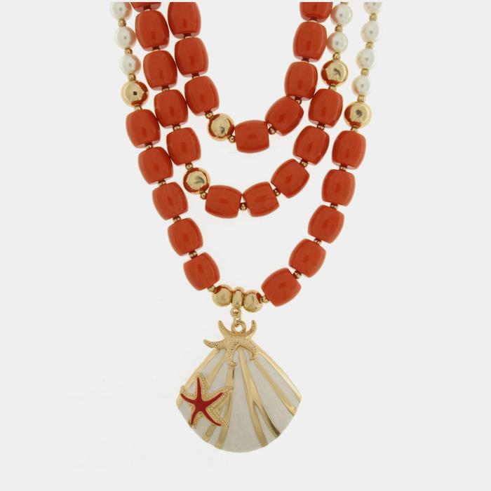 Collana in Metallo conchiglia con sfere rosse e bianche