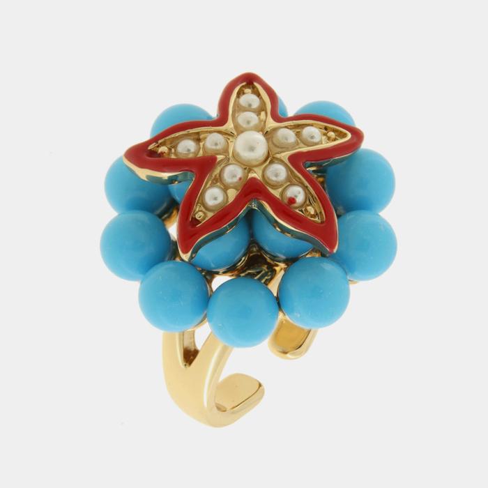 Anello in Metallo con sfere turchesi e stella marina rossa