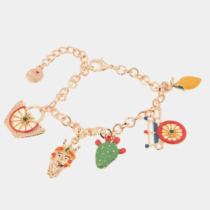 Bracelet en métal or rose avec breloques colorées Sicile, citron, coffa, tête de Maure