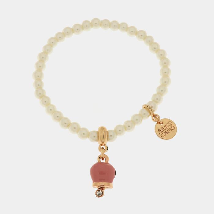 Bracelet en métal avec perles et clochette porte-bonheur en émail rose