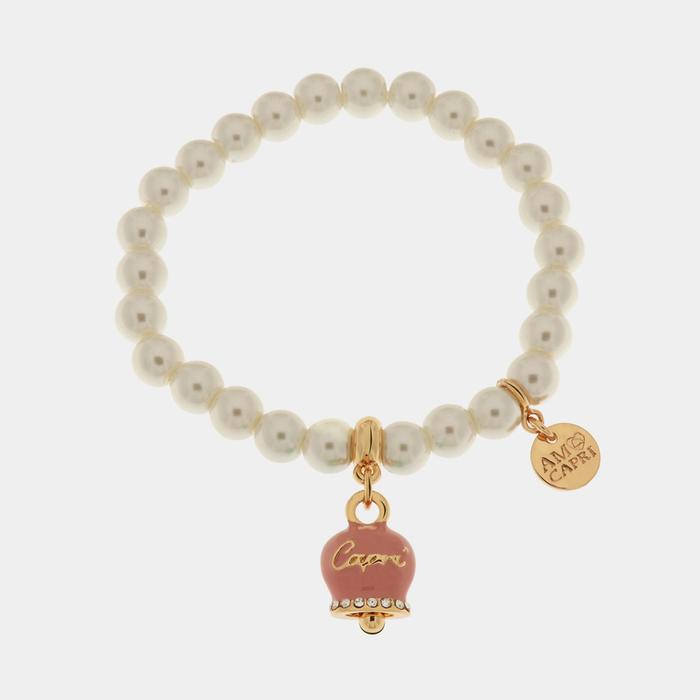 Bracelet en métal Bracelet en métal avec perles et grelot porte-bonheur en émail rose avec écriture Capri