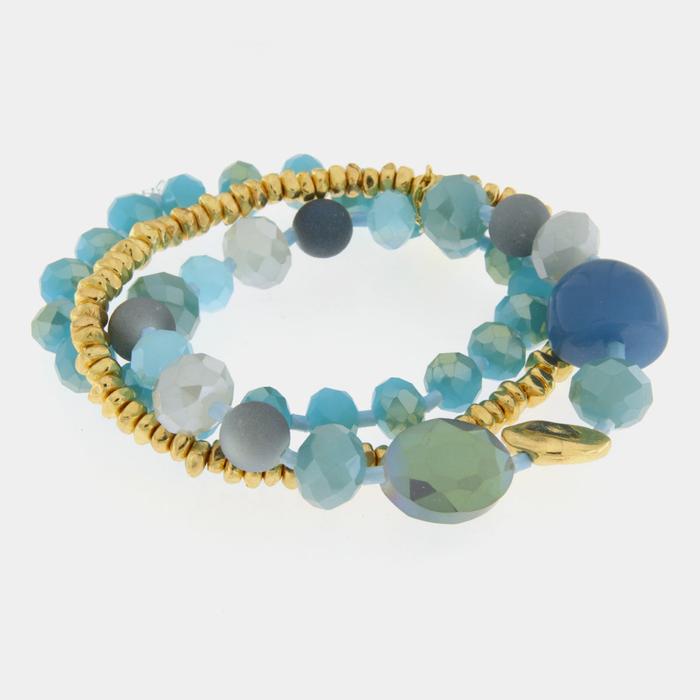 Bracelet multi-rangs en métal avec cristaux et pierres bleues