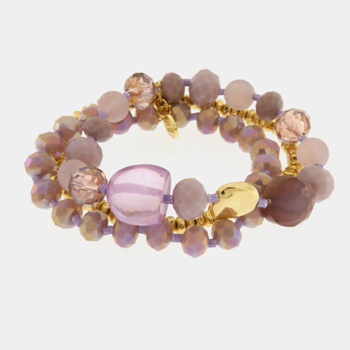 Bracelet multi-rangs en métal avec cristaux et pierres violets