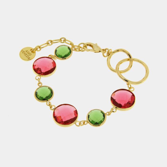 Metal Bracelet with Red and Green Colored Crystals