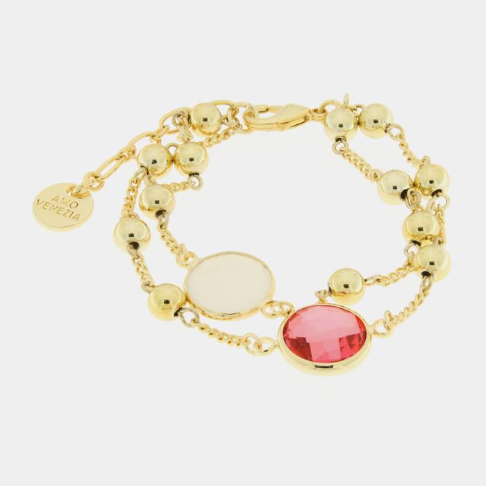 Bracelet en métal double brin avec cristal blanc et rose