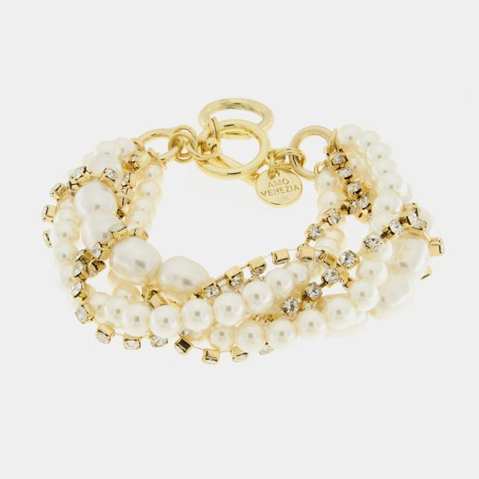 Bracelet en métal multi-rangs tissé de perles et de zircons