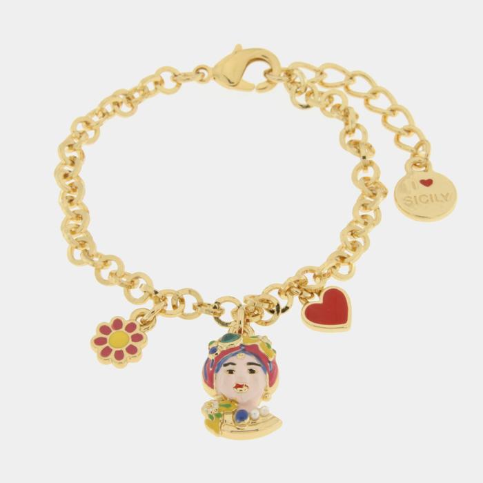 Bracciale in Metallo con testa di Moro rosa  fiore  e cuore