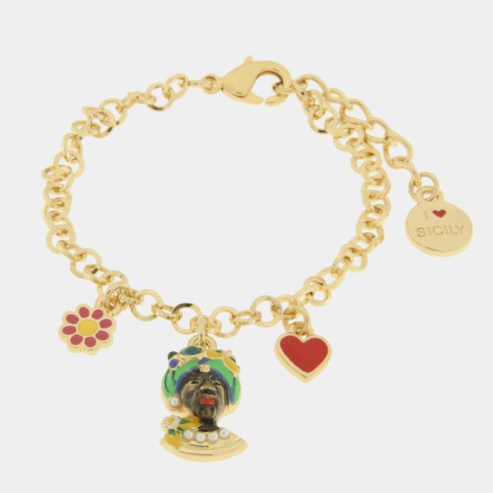 Bracciale in Metallo con testa di Moro verde  fiore  e cuore