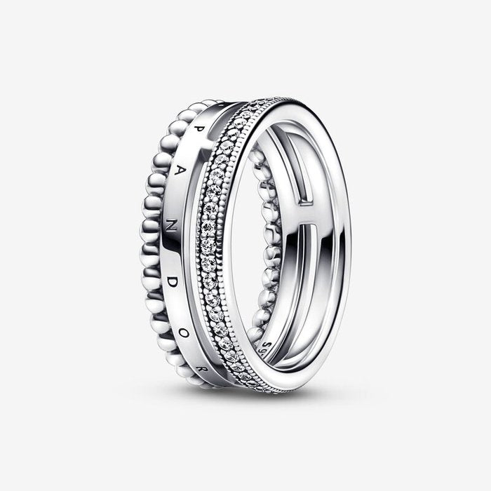 Anello Tripla Fascia con Logo, Pavé e Sfere