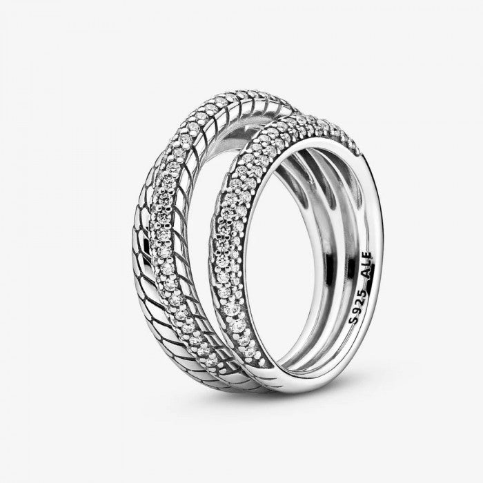 Bague triple bande avec maille serpent et pavé 
