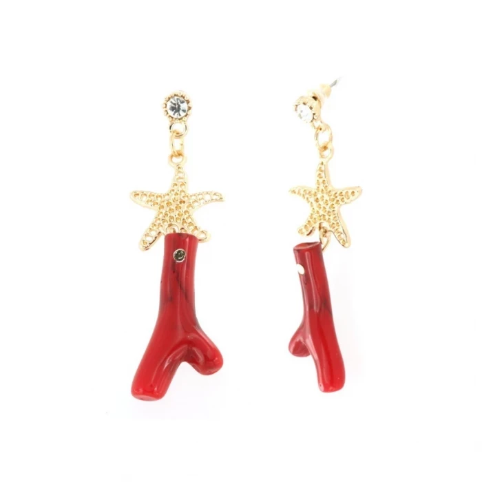 Metal earrings with red coral