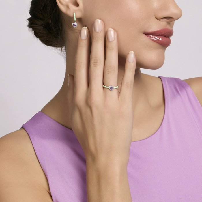 Anello in argento con smalto verde e cuore rosa LOVE AFFAIR