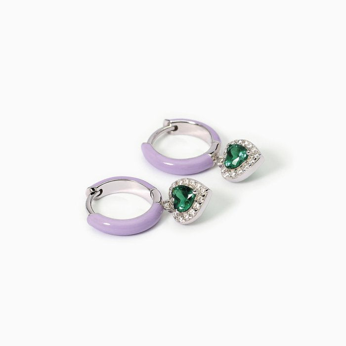 Boucles d'oreilles créoles en argent, émail violet et émeraude synthétique