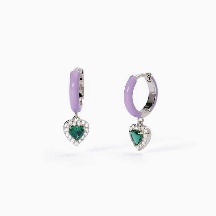 Boucles d'oreilles créoles en argent, émail violet et émeraude synthétique