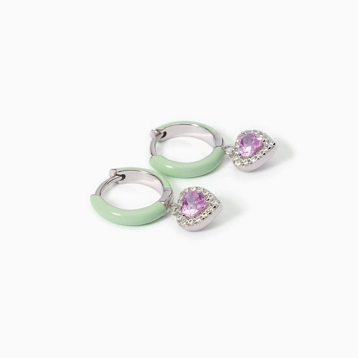 Boucles d'oreilles créoles en argent émaillé vert et zircon rose LOVE AFFAIR