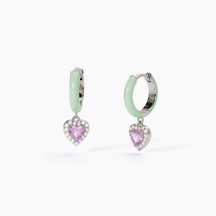 Boucles d'oreilles créoles en argent émaillé vert et zircon rose LOVE AFFAIR