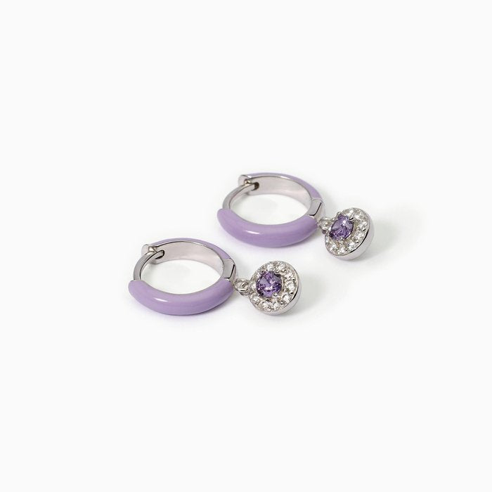 Orecchini a cerchio in argento con smalto viola e ametista sintetica MILANESIENNE