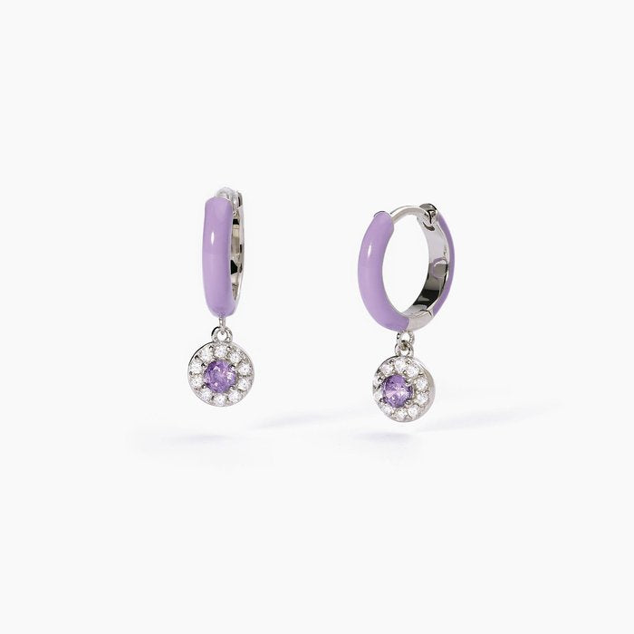 Orecchini a cerchio in argento con smalto viola e ametista sintetica MILANESIENNE