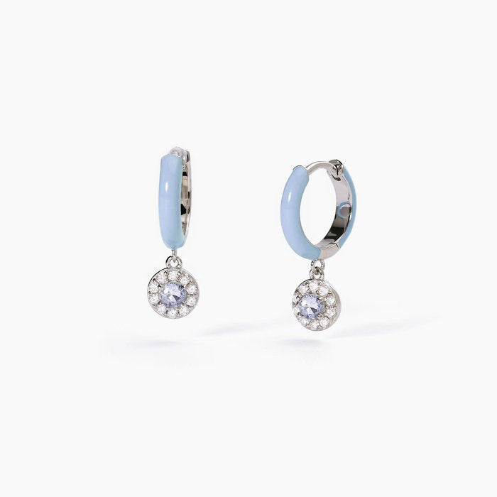 Boucles d'oreilles créoles MILANESIENNE en argent avec émail bleu et zircon aigue-marine