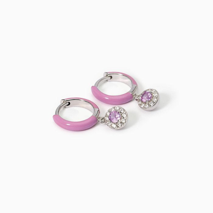 Boucles d'oreilles créoles MILANESIENNE en argent émaillé rose et zircon rose