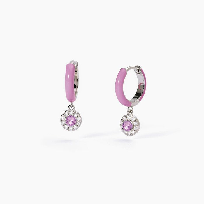 Boucles d'oreilles créoles MILANESIENNE en argent émaillé rose et zircon rose