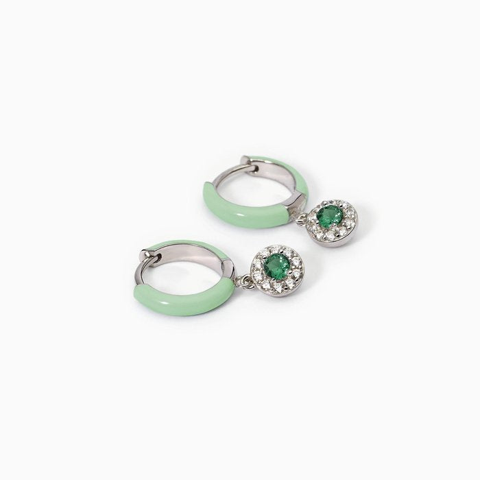 Boucles d'oreilles créoles MILANESIENNE en argent, émail vert et émeraude synthétique