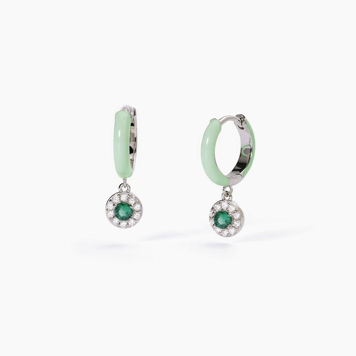 Boucles d'oreilles créoles MILANESIENNE en argent, émail vert et émeraude synthétique