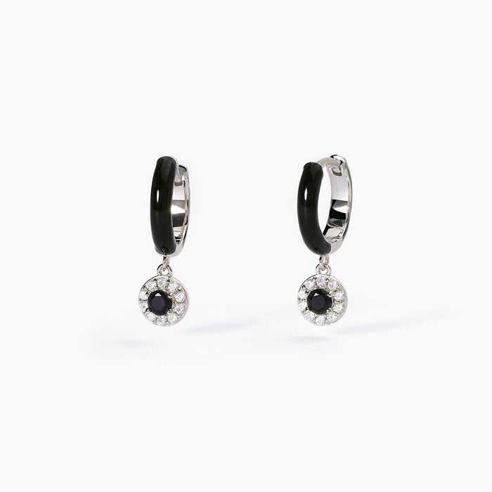 Boucles d'oreilles créoles en argent avec émail noir et zircones noires MILANESIENNE