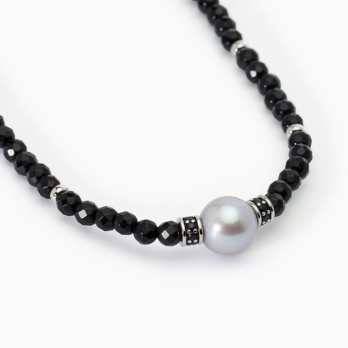 Collier en argent avec agate noire et perle grise SUNSET