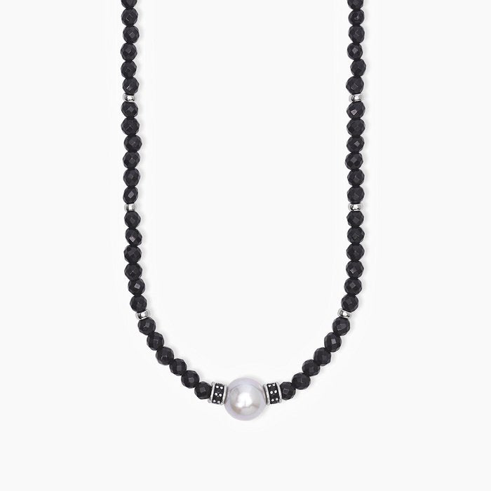 Collier en argent avec agate noire et perle grise SUNSET