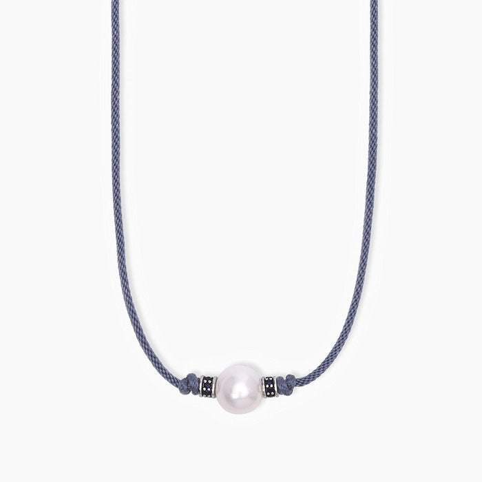 Collana in argento con cordino blu e perla bianca TROPICAL