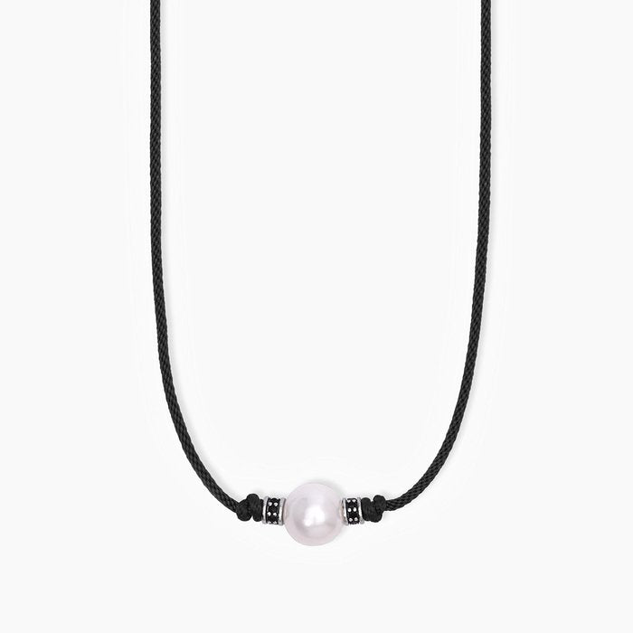 Collana in argento con cordino nero e perla bianca TROPICAL