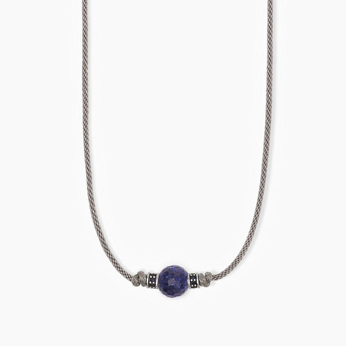 Collana uomo in argento con cordino grigio e pietra lapis TROPICAL