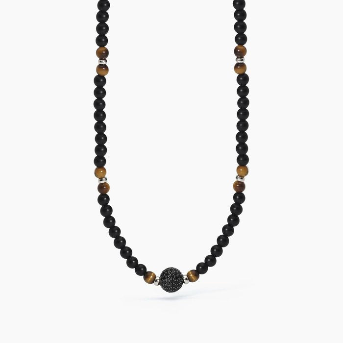 Collier en argent avec agate noire et œil de tigre style bohème
