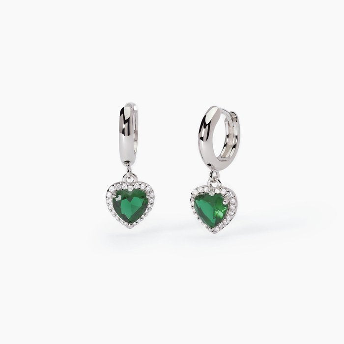 Orecchini in argento a cerchio con smeraldi sintetici taglio cuore LOVE AFFAIR