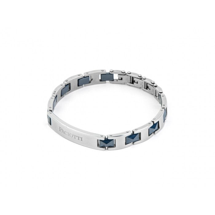 Bracciale maglia piatta acciaio e ceramica blu con piastra centrale