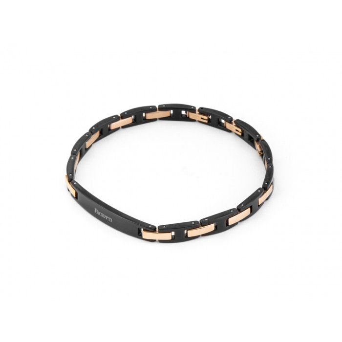 Bracciale brunito con piastra centrale incisa e inserti pvd rose