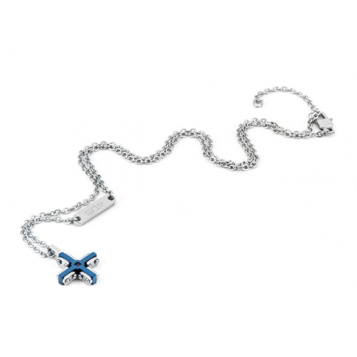 Collana pendente croce pvd blu con zircone nero