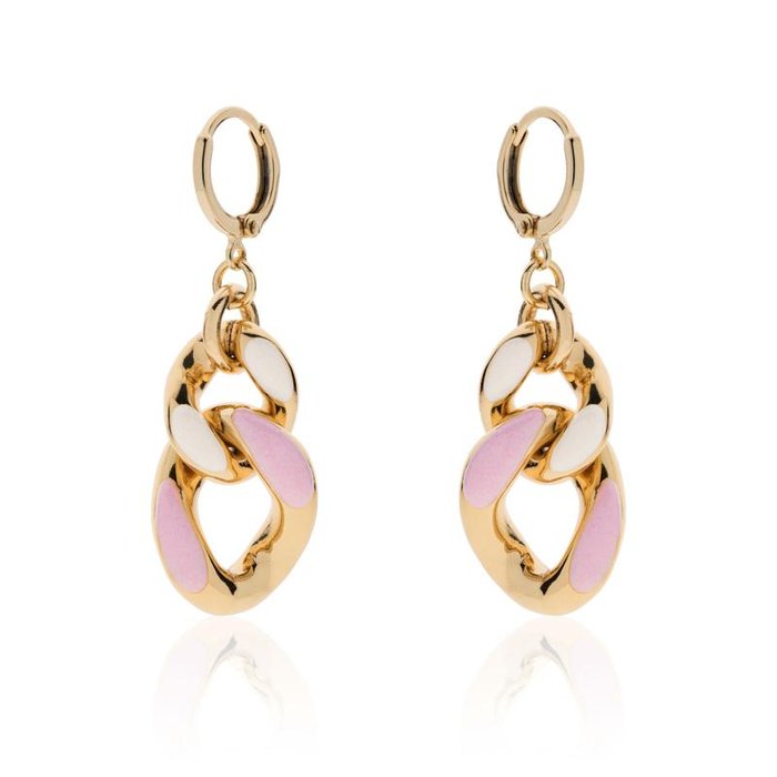 Orecchini in bronzo dorato con smalto rosa e bianco