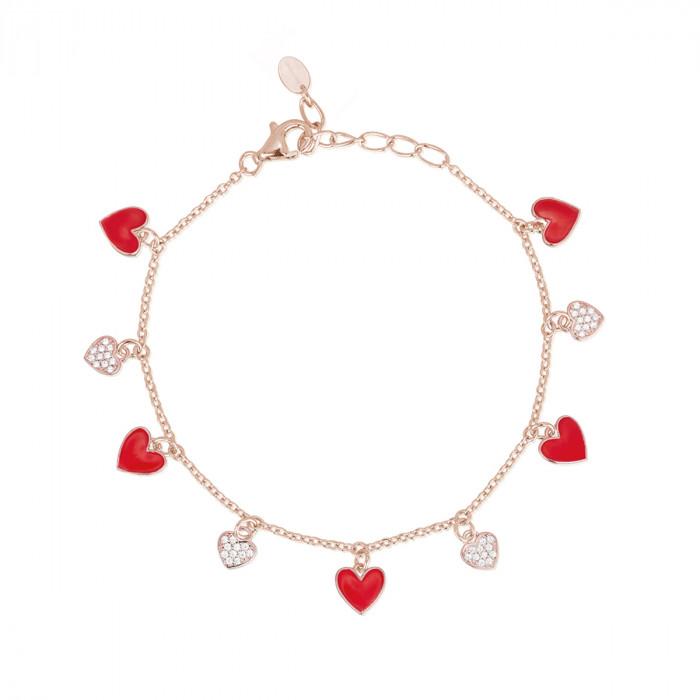 Bracciale rosè pendenti cuori rossi e cuori zirconi - gioielleriaperdichizzi.it