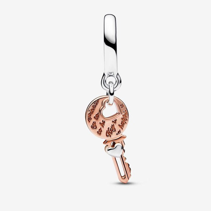 Charm Pendente Chiave della Felicità con Cuore scorrevole