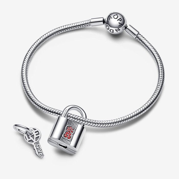 Charm Pendente Lucchetto e Chiave dell’Amore con Pietre Rosse