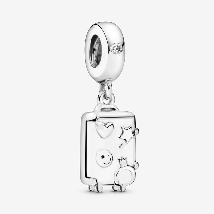 Charm Suitcase silver dangle with clear cubic zirconia and pink enamel