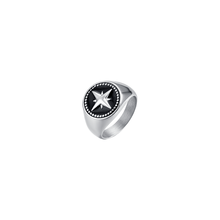 ANELLO UOMO IN ACCIAIO CON ROSA DEI VENTI E SMALTO NERO