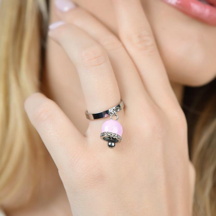 ANELLO DONNA IN ACCIAIO CON CAMPANELLA CON SMALTO ROSA E CRISTALLI BIANCHI