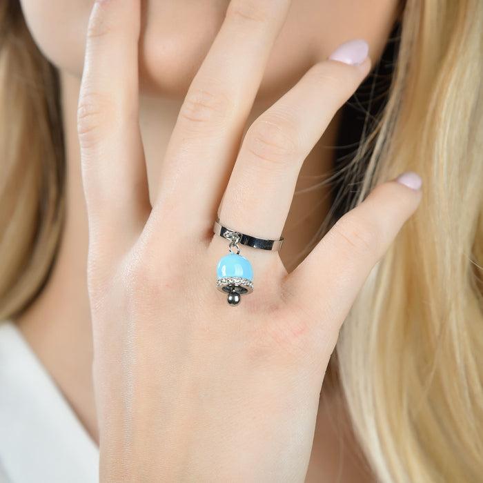 ANELLO DONNA IN ACCIAIO CON CAMPANELLA CON SMALTO TURCHESE E CRISTALLI BIANCHI