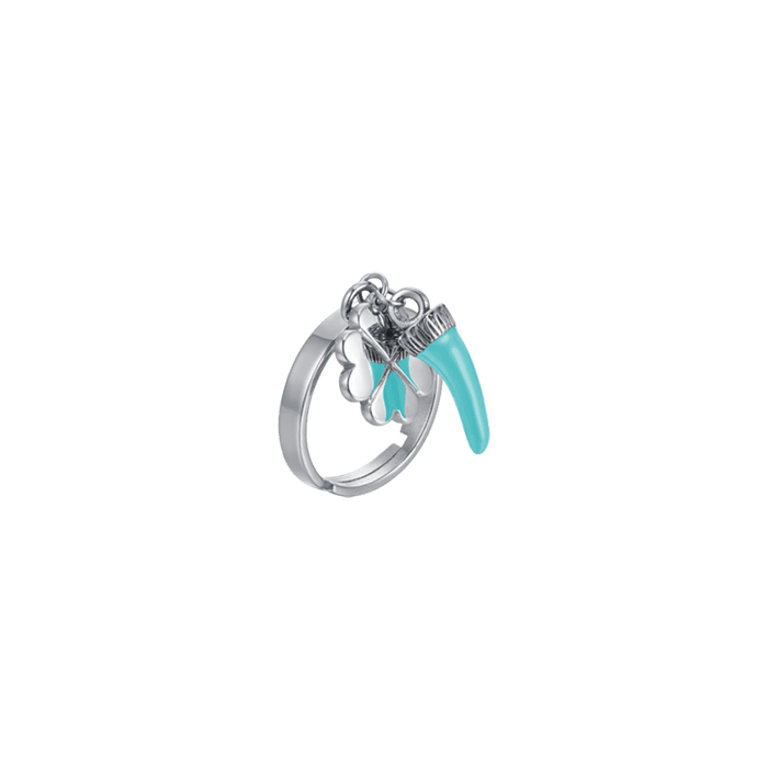 WOMEN'S STEEL RING WITH HORN WITH TURQUOISE ENAMEL AND FOUR-LEAF CLOVER