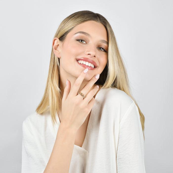 WOMEN'S RING IN IP GOLD STEEL WITH WHITE CRYSTALS AND SPHERES