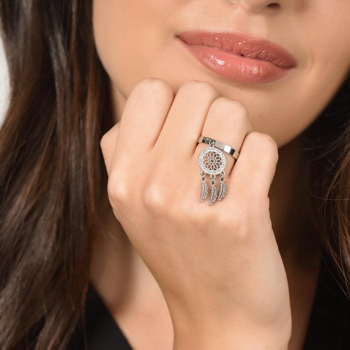 WOMEN'S STEEL RING WITH DREAM CATCHER WITH WHITE CRYSTALS