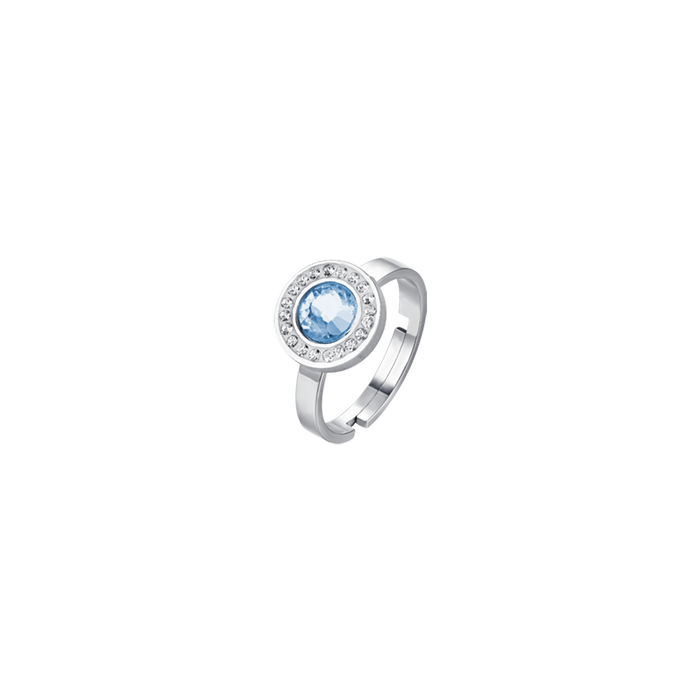 WOMEN'S RING IN STEEL WITH AQUAMARINE CRYSTAL ELEMENT AND WHITE CRYSTALS